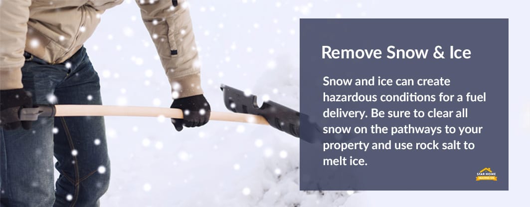 Remove snow and ice before heating oil delivery.